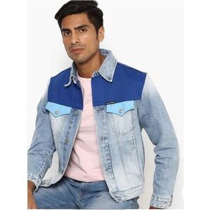 Calvin Kline Jeans Monhonk Blue Color Block Denim Trucker Jean Jacket